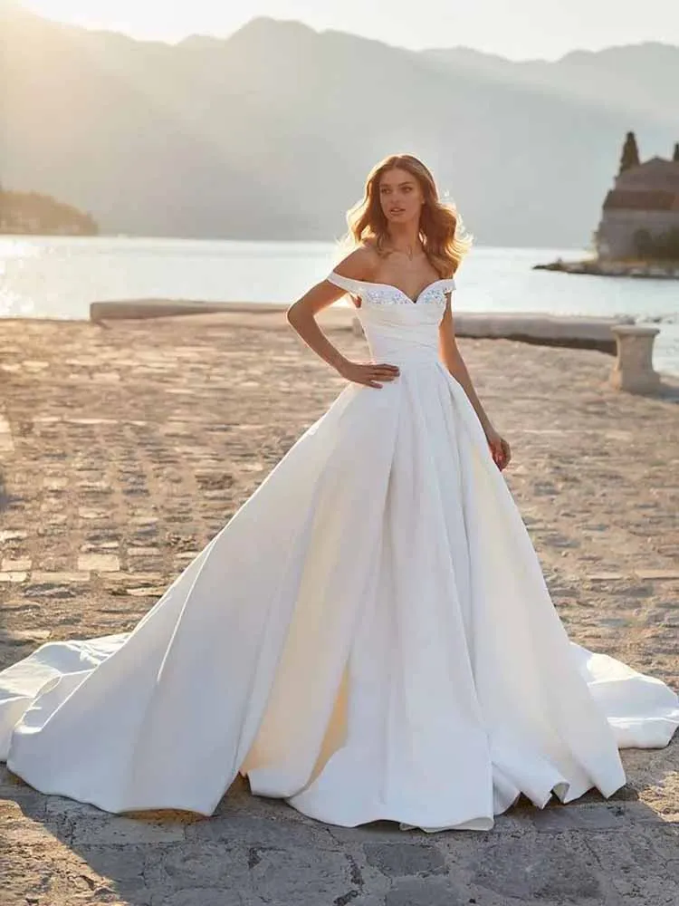 

Женское атласное платье-трапеция TIXLEAR, Пляжное свадебное платье невесты, принцессы со шлейфом, корсет на спине, 2023