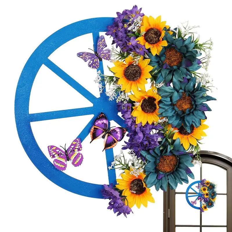 

Door Hanging Wreath With Sunflower Outdoor Spring Blue Wheel Garland Spring Wreath Home Decorative Butterflies Pendant Accessory