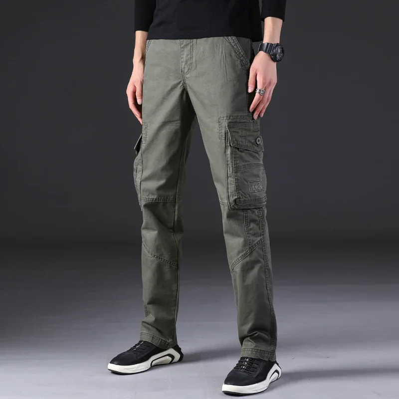 

Брюки-карго мужские свободные, хлопок, много карманов, прямые повседневные штаны, полная длина, Зеленые Серые