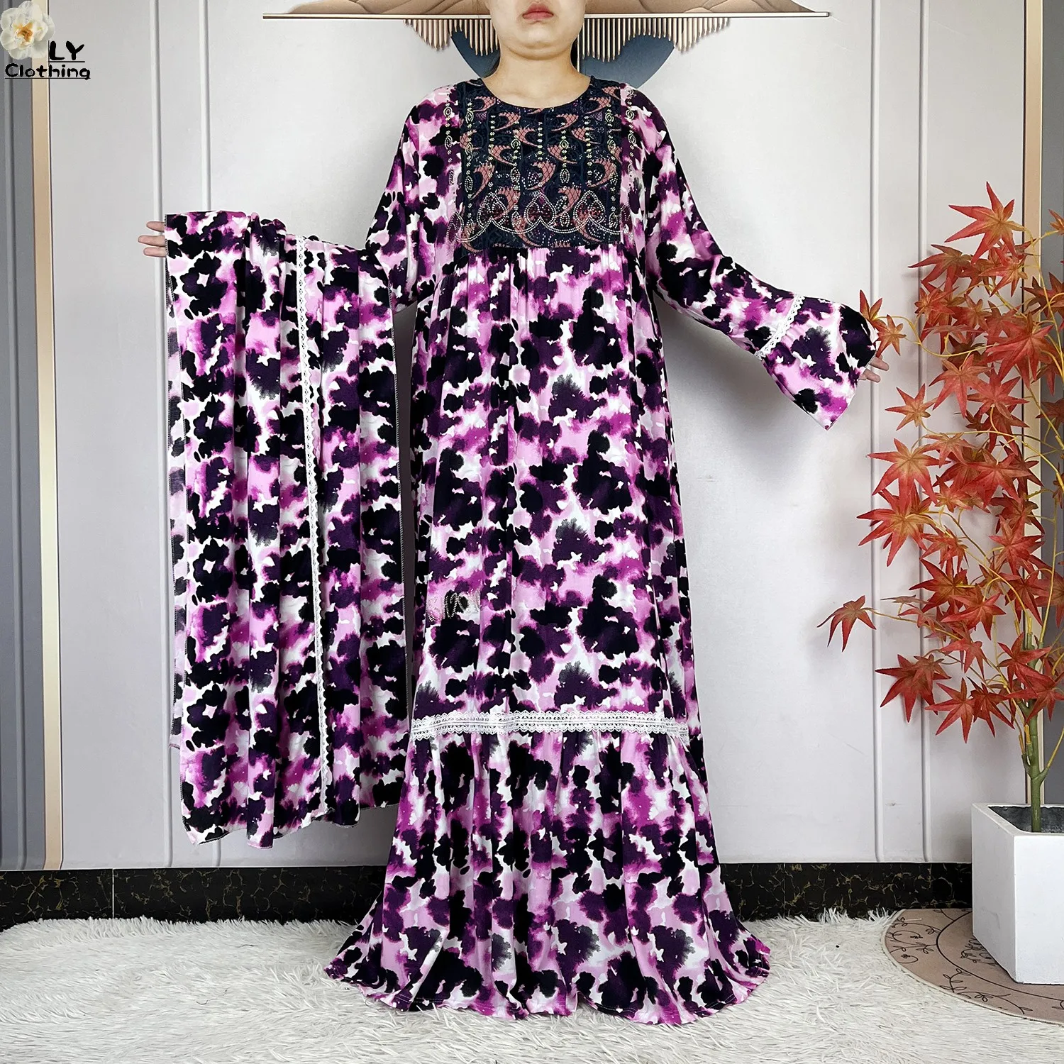 فستان نسائي جديد موضة 2026 بتصميم زهري وأكمام طويلة من القطن مع وشاح كبير، قفطان دبي، فستان فضفاض كاجوال، فساتين أفريقية فستان نسائي جديد موضة 2026 بتصميم زهري وأكمام طويلة من القطن مع وشاح كبير، قفطان دبي، فستان فضفاض كاجوال، فساتين أفريقية