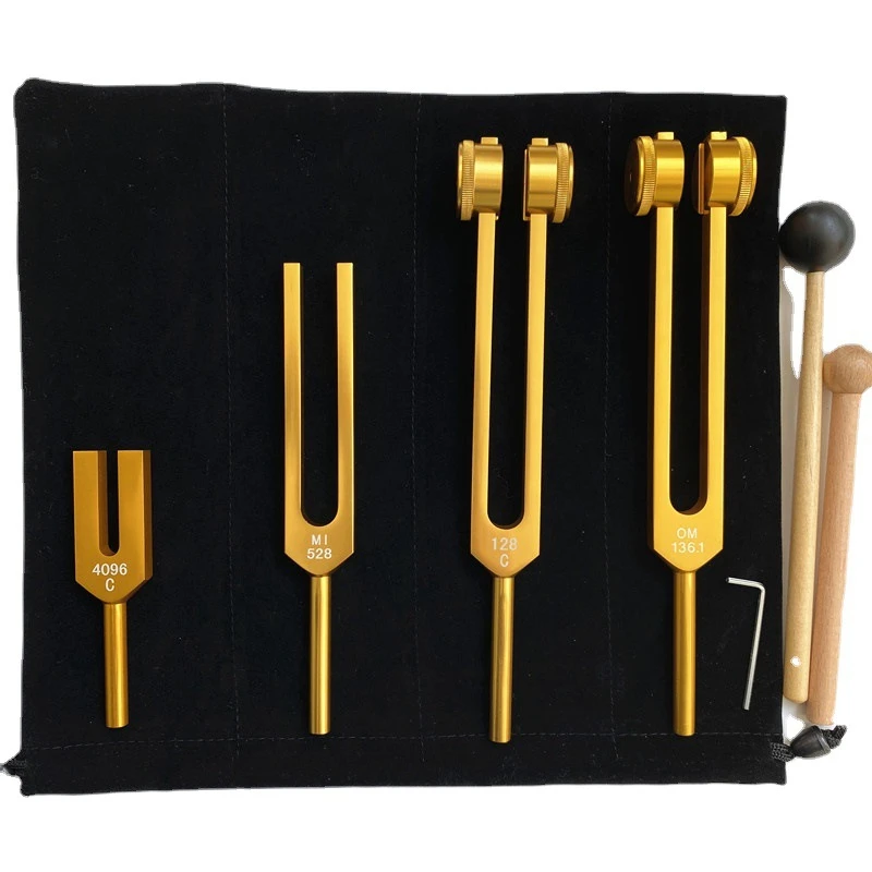 

4 Piece Tuning Forks (4096C, MI528, 128C, OM136.1) For Solfeggio, For Chakras, Sound Healing, Stress Relief, Gold