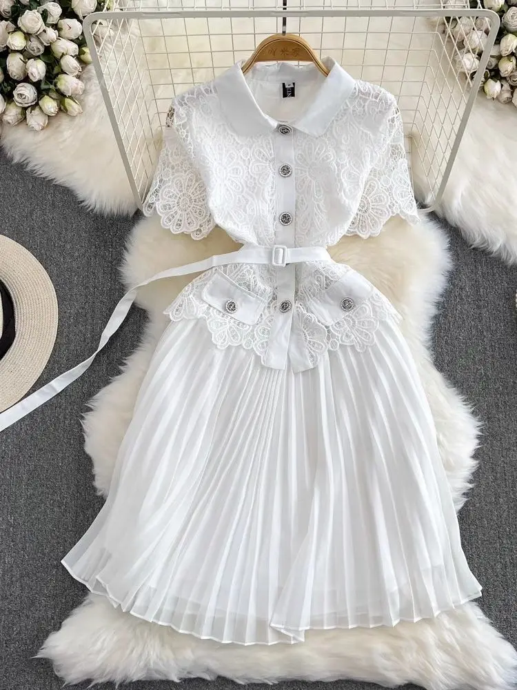 Summer Elegant Crochet Lace Patchwork Chiffon Pleated Dress Women's Short Sleeve Hollow Out Flower Buttons Belt Runway Vestidos
Summer Elegant Crochet Lace Patchwork Chiffon Pleated Dress Women's Short Sleeve Hollow Out Flower Buttons Belt Runway Vestidos