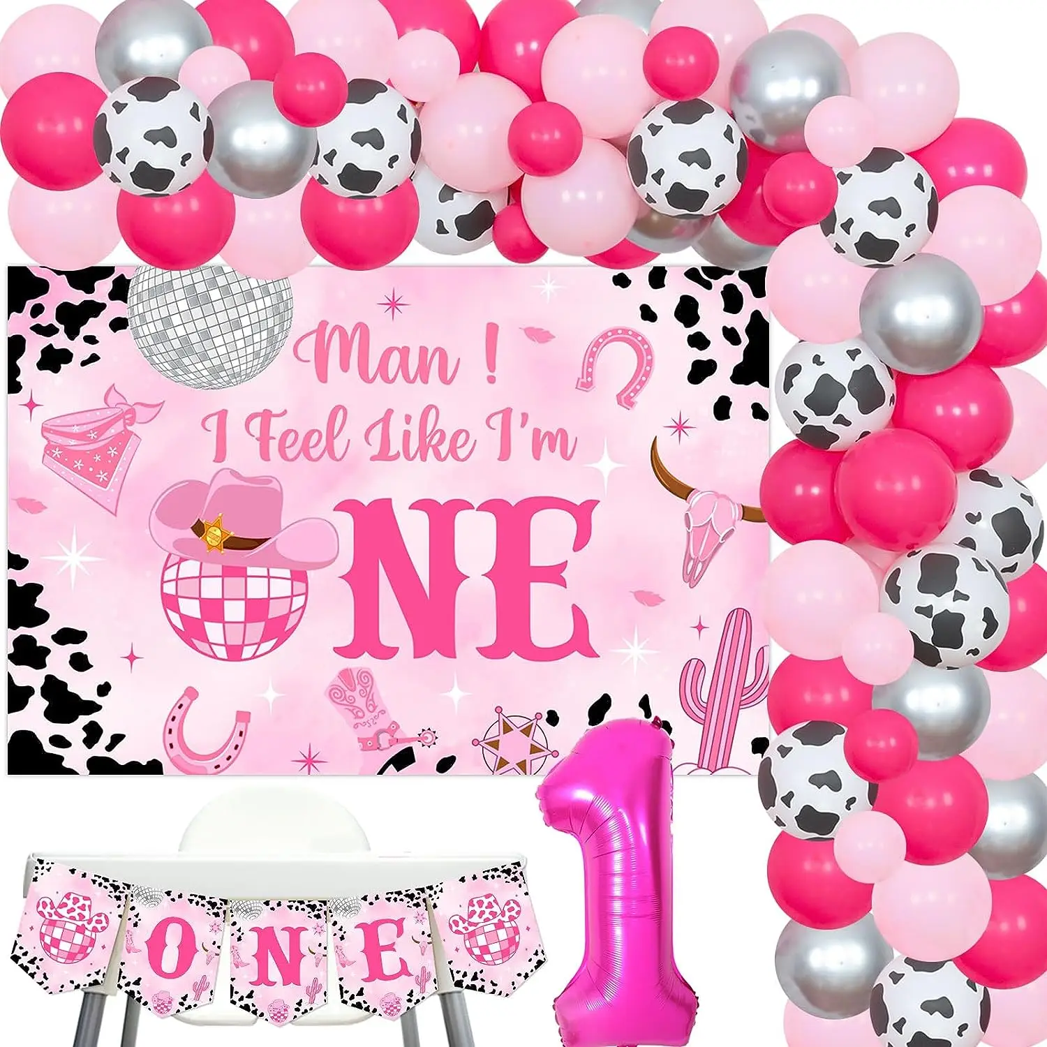 Disco Cowgirl 1st Birthday Decorations Man I Feel Like I'M One Backdrop Western Hot Pink Balloons Garland One High Chair Banner
Disco Cowgirl 1st Birthday Decorations Man I Feel Like I'M One Backdrop Western Hot Pink Balloons Garland One High Chair Banner