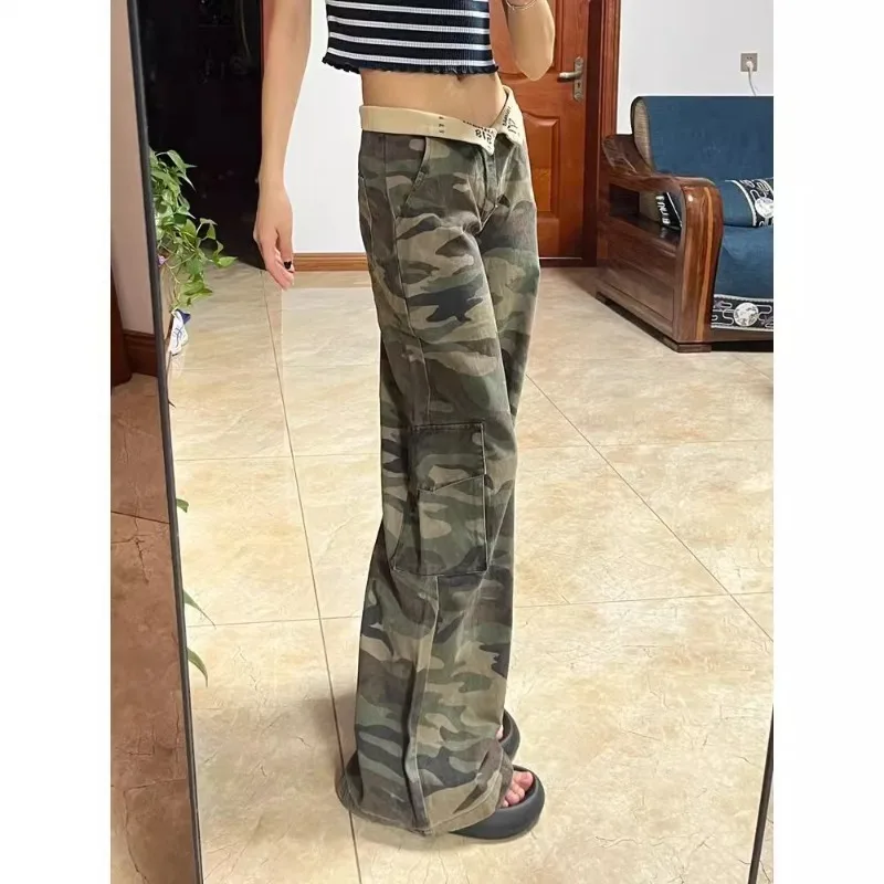 

New Women's Spring/Summer Covering Straddle Show Slim Loose Wide Legs High Waist Straight Tube Pants Camo Work Wear Denim