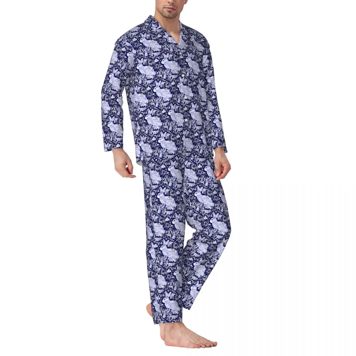 

Пижама Мужская с милым Кроликом, Ночная одежда для сна, с птицами и цветочным принтом, 2 предмета, повседневные пижамные комплекты с длинным рукавом, модный домашний костюм оверсайз