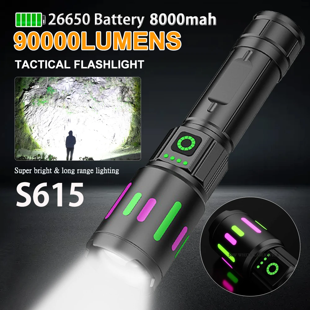 

S615 Powerful LED Flashlight Rechargeable Zoomable Tactical LED Flashlight Super Bright Torch Lantern for Outdoor Camping Hiking