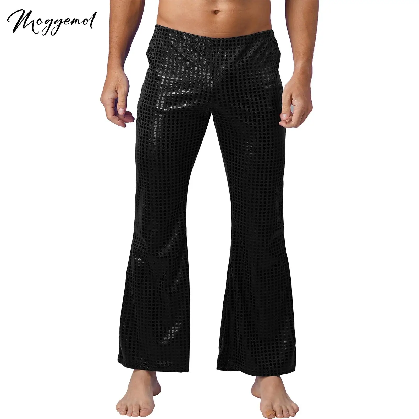 

Mens 70s Disco Pants Party Stage Performance Costumes Bell Bottom Pants Elastic Waistband Flared Pants Shiny Sequins Long Pants