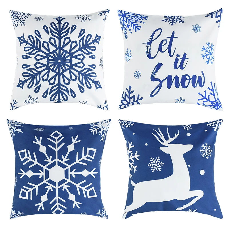 

Blue White Christmas Pillowcase Snowflake Elk Printed Sofa Cushion Cover Home Living Room Decor Xmas Throw Pillow Covers 45×45cm