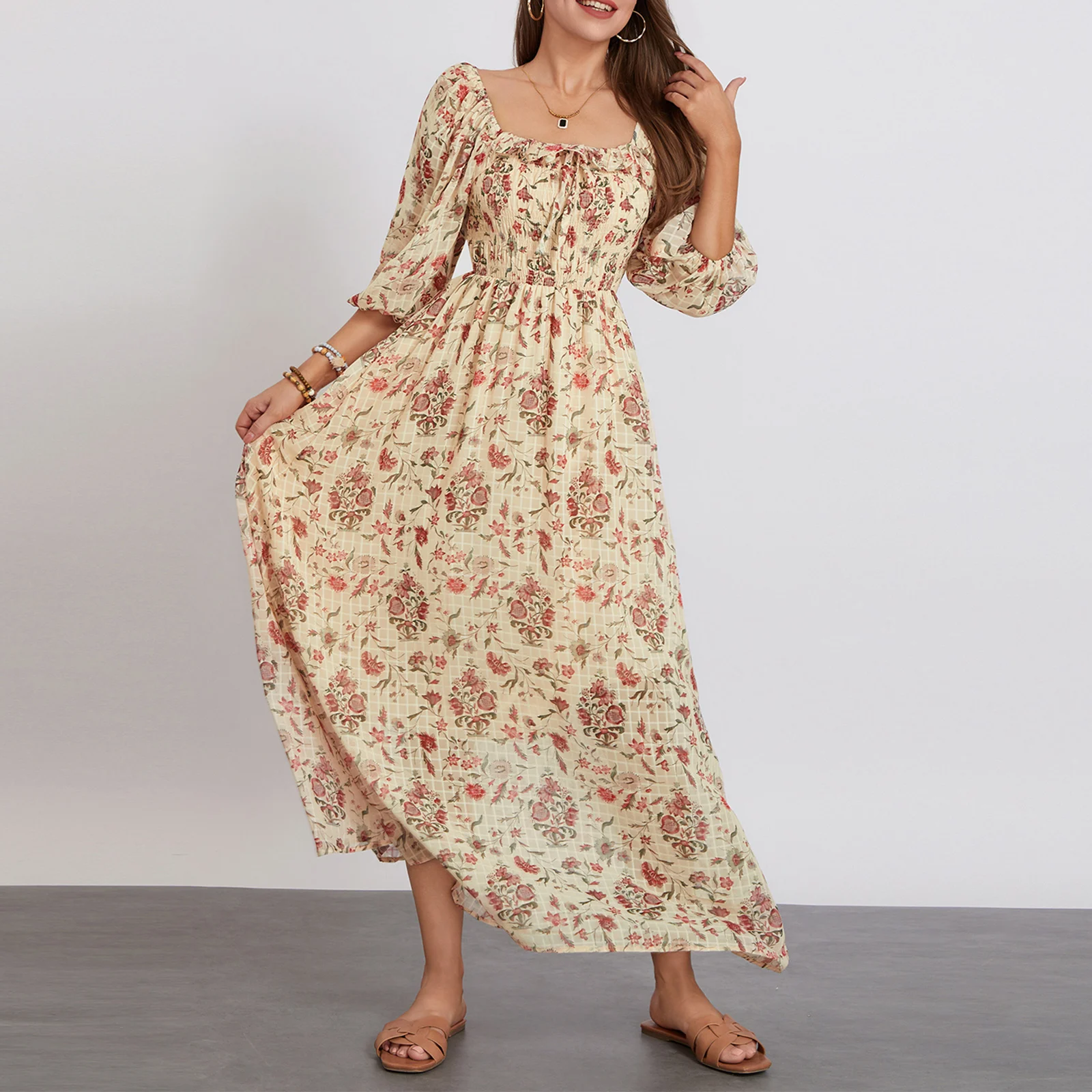 Summer Fall Party Beach Dress Women 3/4 Sleeve Ruffles Tie-up Square Neck Backless High Waist A-Line Long Dresses for Vacation
Summer Fall Party Beach Dress Women 3/4 Sleeve Ruffles Tie-up Square Neck Backless High Waist A-Line Long Dresses for Vacation