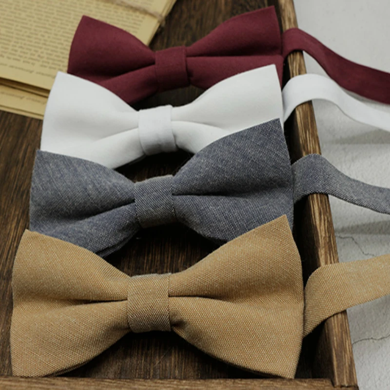 

Classic Cotton Bowties For Men Solid Khaki White Bow Ties Women Daily Casual Butterfly Striped Bowknot Wedding Banquet Cravat