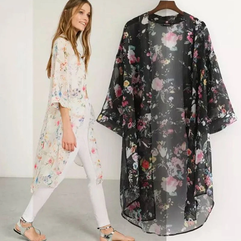

Women Casual Vintage Kimono Cardigan Ladies 2024 Summer Long Crochet Chiffon Kimono Preto Loose Flora Printed Blouse Tops Black