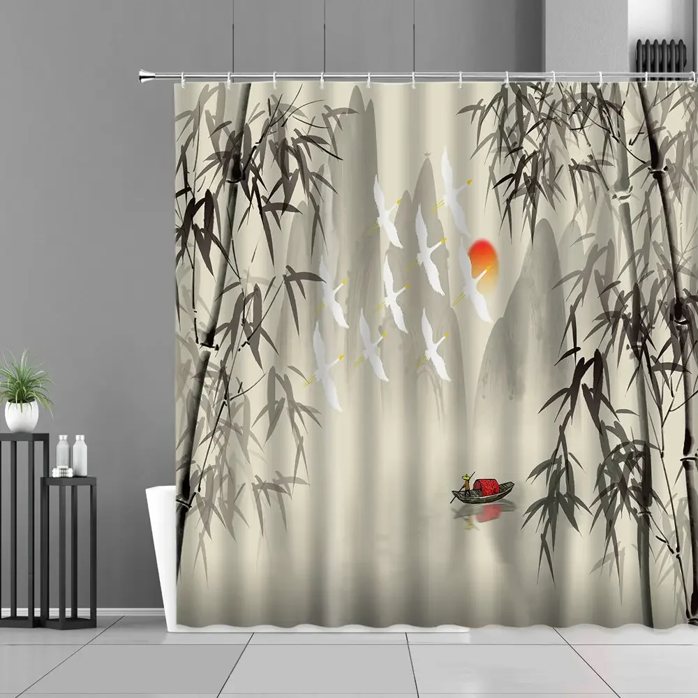 

Шторы для душа с рисунком бамбуковых листьев и птиц, набор водонепроницаемых занавесок в стиле ретро с рисунком чернильных растений, для горы, воды, ландшафта, ванной комнаты