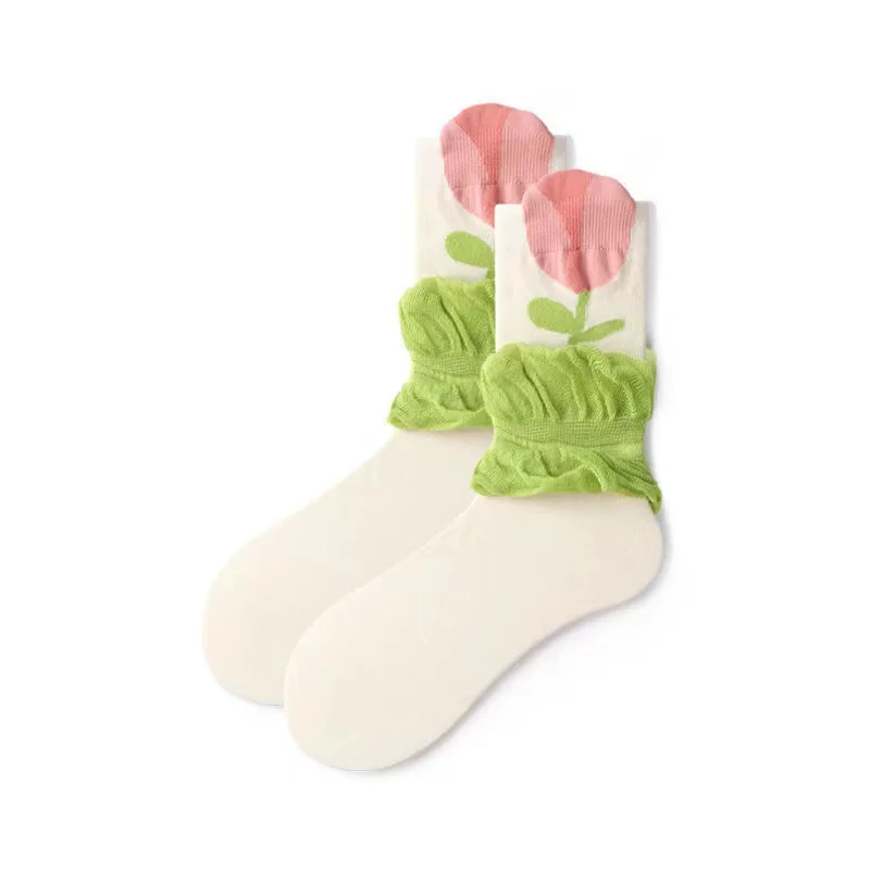 

Women Socks Flower Print Niche Mid-tube Socks Spring Autumn Thin Section All-match Popular Cotton Socks Harajuku Kawaii Socks