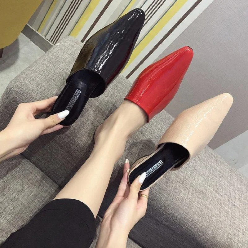 

New pointed patent leather flat bun head half slippers women outside wear sandals women heelless lazy Mueller shoes