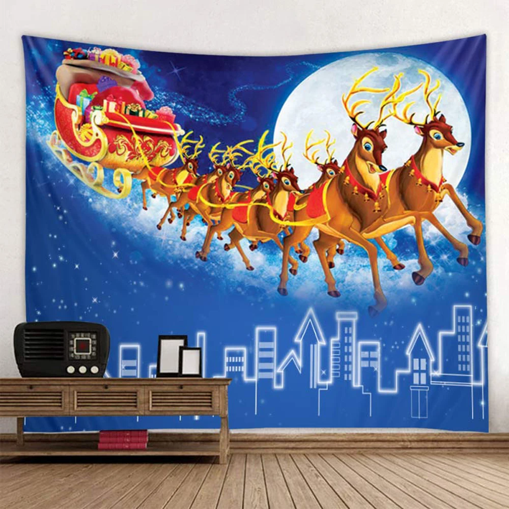 

Christmas Snowflakes Tapestry Sled Elk Snow Santa Claus Xmas Fireplace Tapestries Bedroom Living Room Dorm Decor Wall Hanging