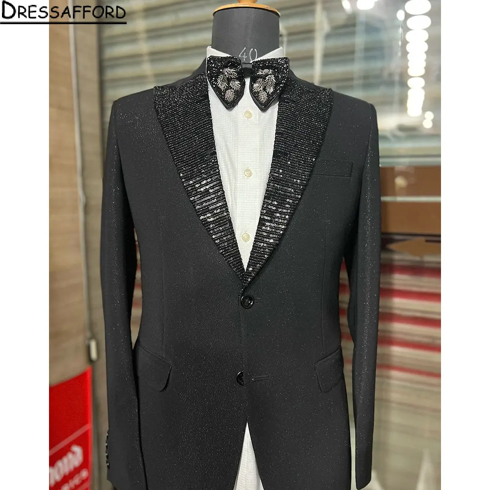 

Black Sequined Neckline Men Suits Groom Wedding Tuxedos 2 Pieces Sets Dinner Prom Blazers Terno Masculino Completo