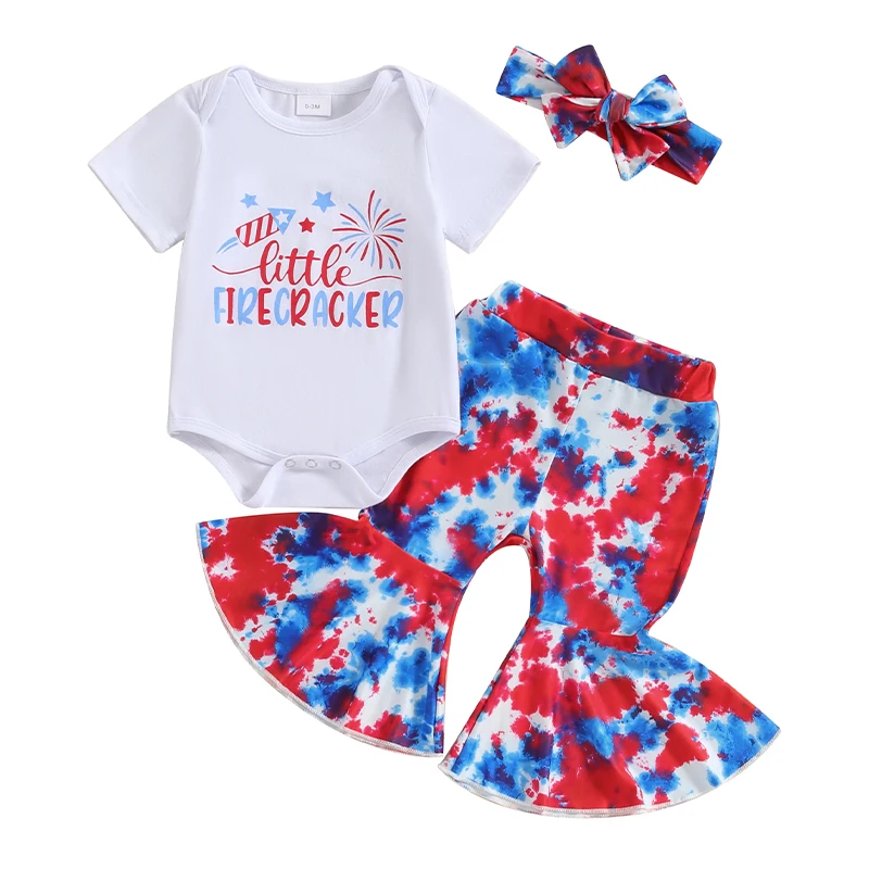 

4th Of July Baby Girl Clothes USA T-Shirt Romper Stars Stripes Flare Pants Infant Patriotic Outfits Set