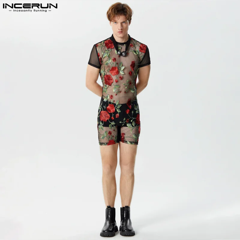 

American Style Sexy New Men Homewear Jumpsuits Perspective Thin O-Neck Flower Printing Short Sleeve Bodysuits S-3XL INCERUN 2024