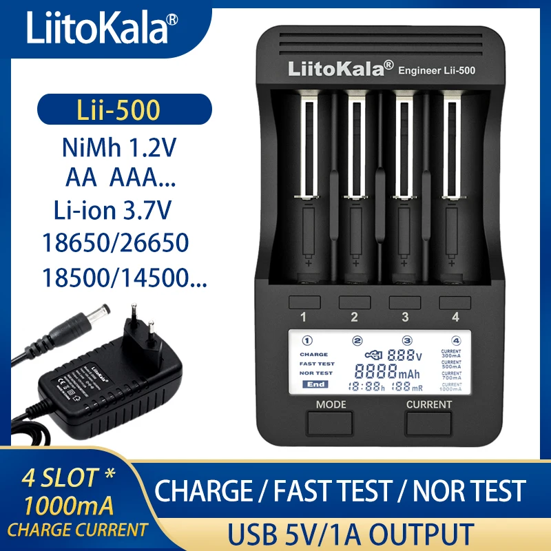 

Liitokala Lii-500 18650 Smart Lithium Battery Charger 3.7V 21700 26650 18350 18500 16340 17500 25500 10440 Ni-MH 1.2V AA AAA