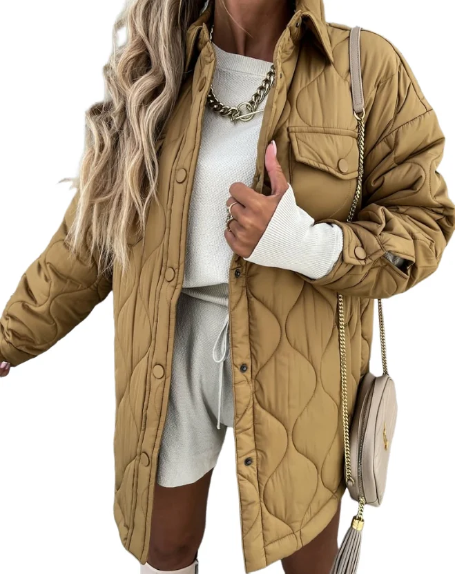 

2023 Autumn and Winter New Women's Fashion Cotton Jacket Versatile Warm Long Sleeve Snap Casual Button Flap Detail Puffer Coat