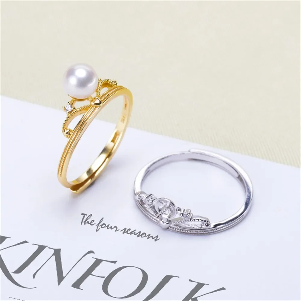 

DIY Pearl Ring Accessories S925 Sterling Silver Pearl Ring Empty Holder Small Crown Ring Holder Fit 4-7mm Round Flat Beads Z041