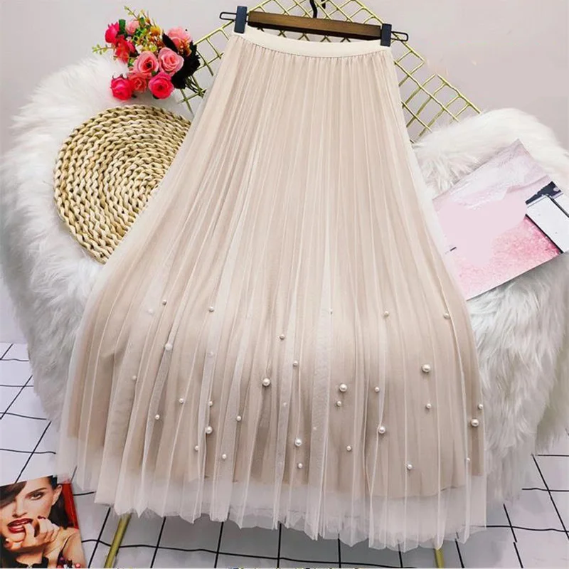 

Both Sides Wear Pearls Mesh Skirt Women 2022 Summer Velvet High Waist Long Skirts Woman Solid Color A Line Pleated Skirts