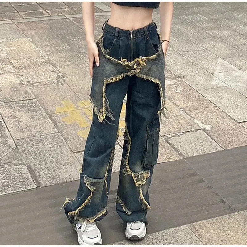 

Cargo Jeans Pants Women Street Loose Oversize Panelled Pentacle Raw Hem Pant 2023 Vintage Blue Hip Hop Female Denim Trousers