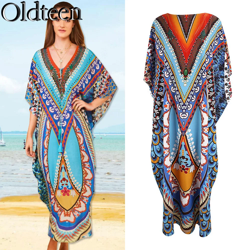 Женское длинное пляжное платье с V-образным вырезом и принтом
Женское длинное пляжное платье с V-образным вырезом и принтом