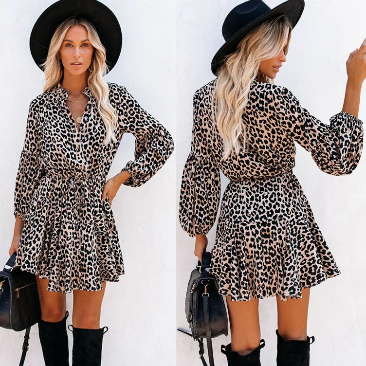 

High Quality Women's Clothing in Europe and America, New Leopard Print Lantern Sleeves, Ruffled Long Sleeved Dress Party Dresses