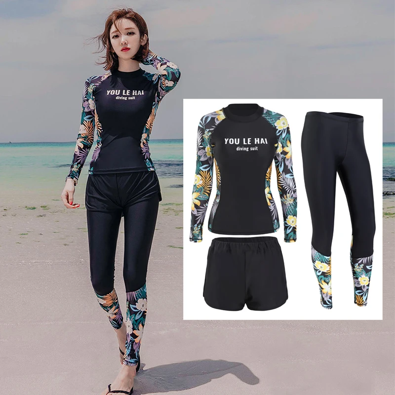 

Women's Three Piece Swimsuits Long Sleeve Padded Shirt With Leggings Swimwear Rash Guard UV Sun Protection Athletic Tankini