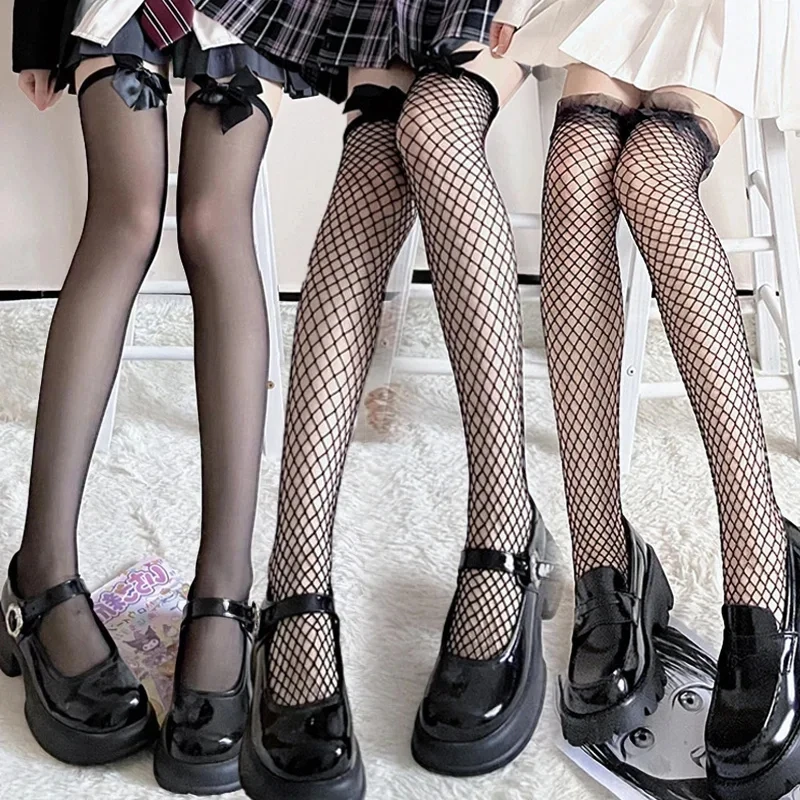 

Sexy Black White Overknee Long Socks Women Sweet Girls Lolita Bowknot Thigh High Fishnet Stockings Gothic Punk Lace Mesh Legging