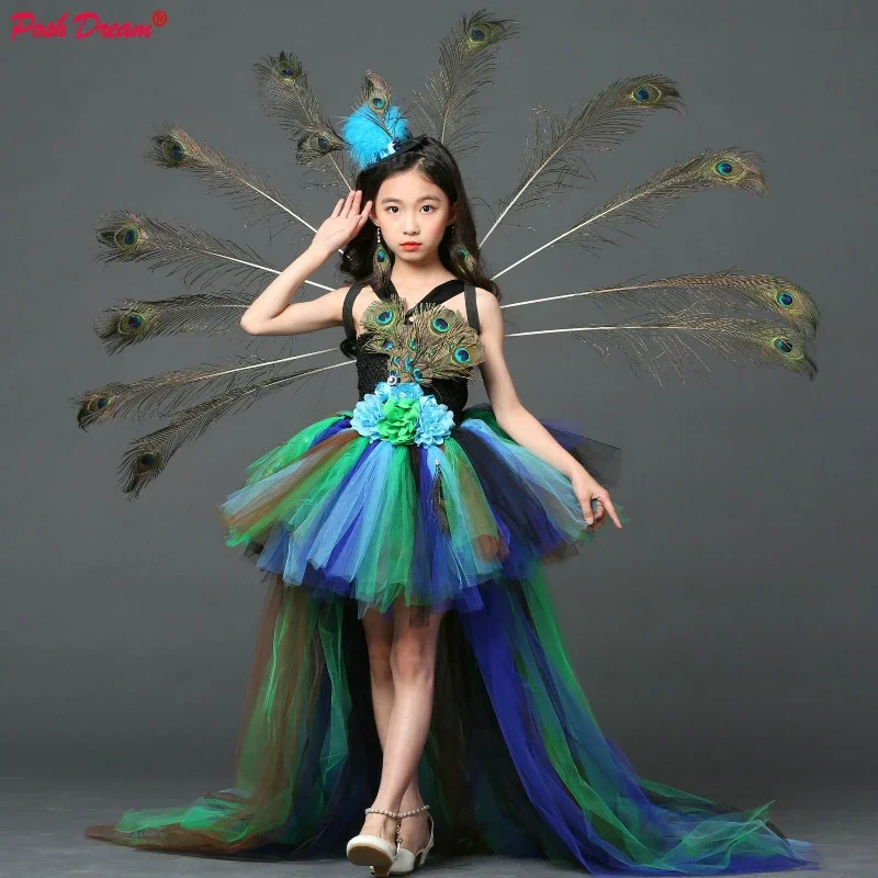 

POSH DREAM Girl Peacock Flower Party Tutu Dresses for Halloween with Train Tulle Peacock Princess Children Party Evening Dress