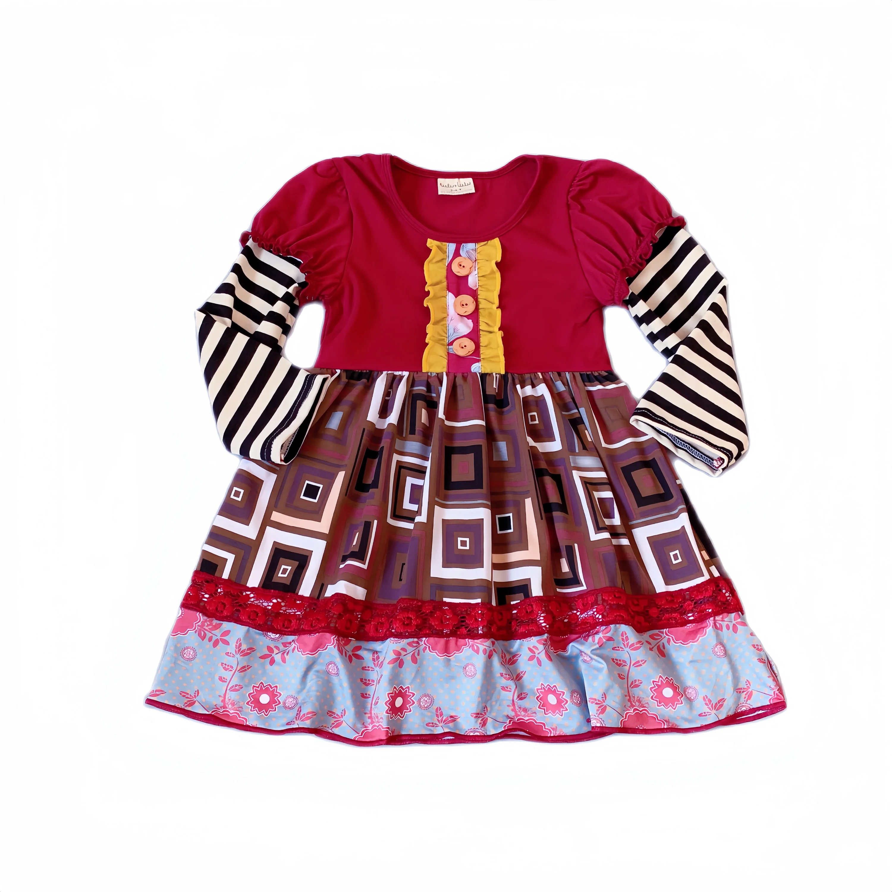 

Burgundy T-Shirt Girl Dress Black Stripe Long-Sleeved Puffy Sleeve Dress Ruffle