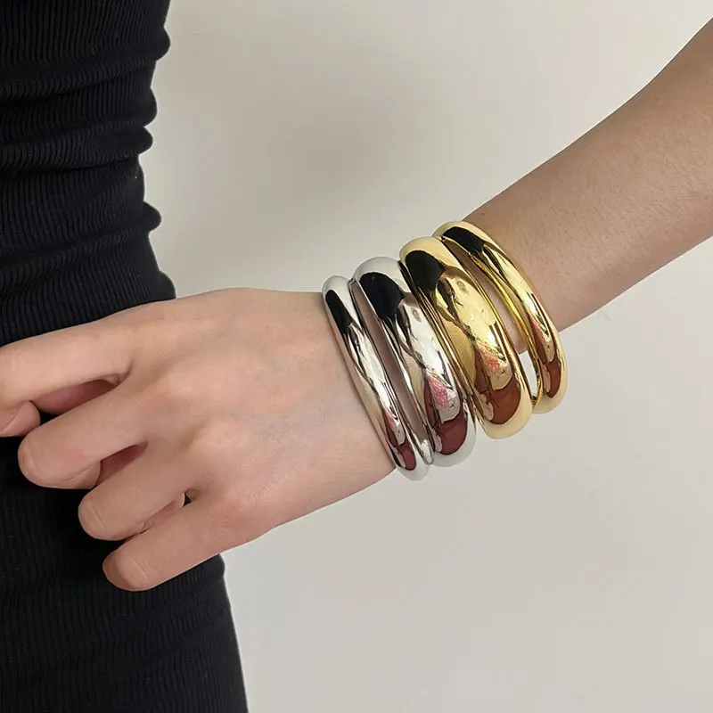 

Punk Metal Smooth Chunky Double Layer Wide Open Bracelets Bangles for Women Girls Irregular Exaggerated Vintage Jewelry Gifts