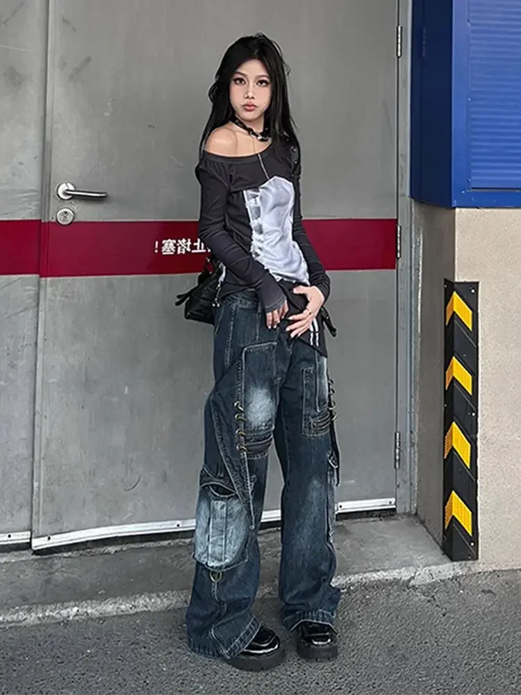 

Techwear Pocket Zipper Ring Womens Jeans Straight Leg Casual Denim Pant @ harajuku streetwear y2k hiphop bf cloth kpop boyfriend