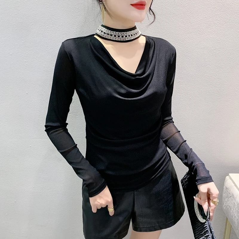 

2023 New Fall Winter European Clothes Mesh T-Shirt Sexy Hollow Out Heaps Collar Shiny Beading Women Tops Long Sleeve Tees 39186