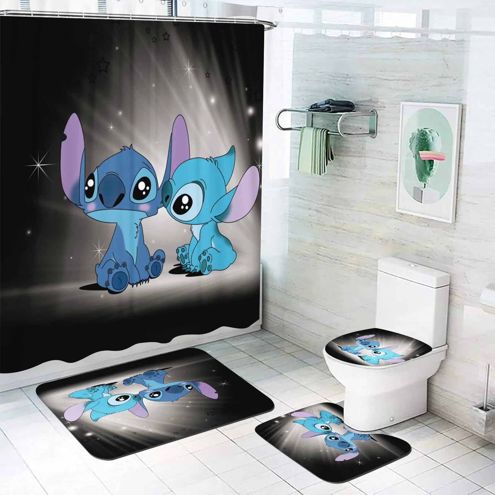 

Stitch Bathroom Accessories Shower Curtain Bath & Items Cute Funny 4 Piece Set Mats And Waterproof Curtains