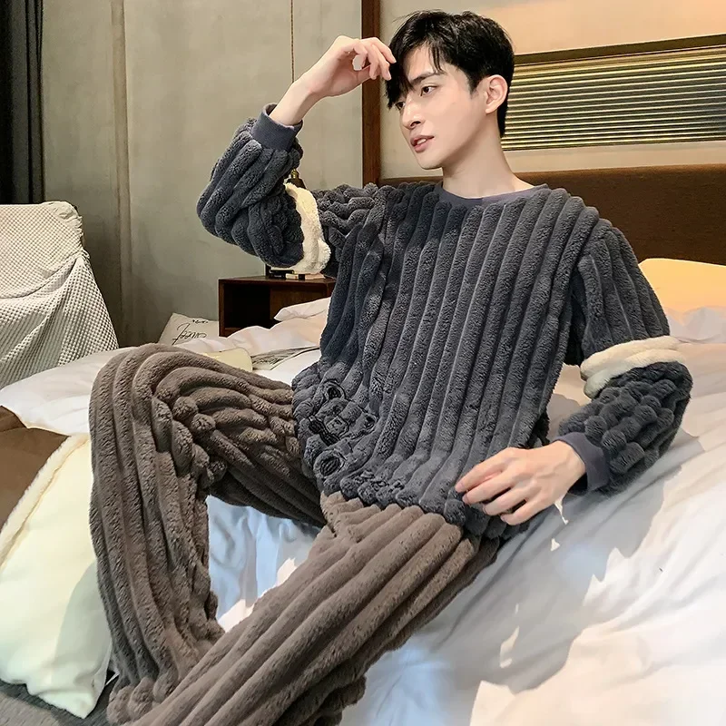 

Men Fleece Winter Warm Set Male 2 Homme Coral Korean Pieces Pijamas Sleepwear Pjs Fashion For Flannel Pyjamas Nightwear
