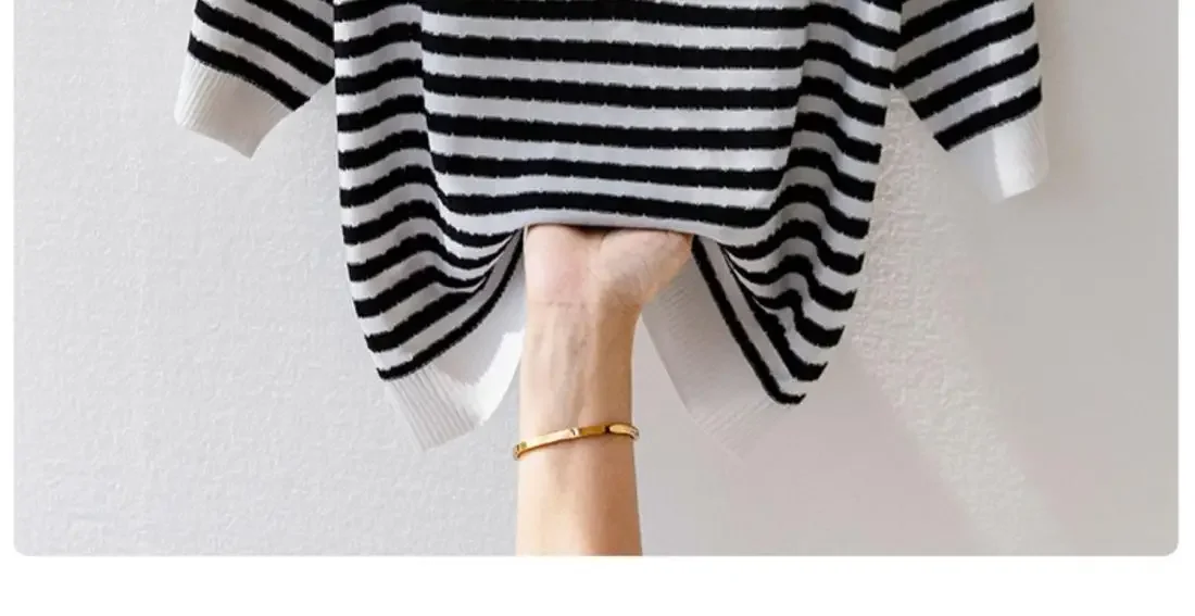 Fashion Women Short Sleeve Striped Knitted Polo Shirts Spring Summer All-match Tees Female Clothing New Pullover Bottoming Tops 37 Sdc6184cdd5ee4489a405c64e6fc14dec6
