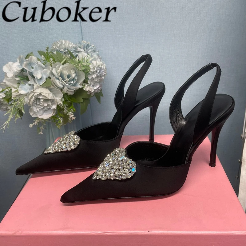 

2024 Summer Heart-shaped Crystal Thin High Heel Sandals Women Pointy Toe Satin Stilettos Sexy Wedding Party Pumps Shoes Femme