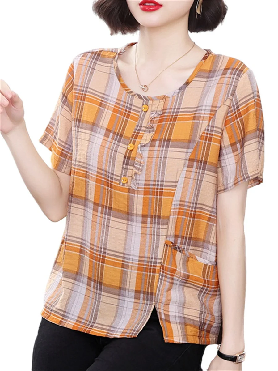 

4XL Women Spring Autumn Blouses Shirts Lady Fashion Casual Short Sleeve O-Neck Collar Lattice Printing Blusas Tops CT0289