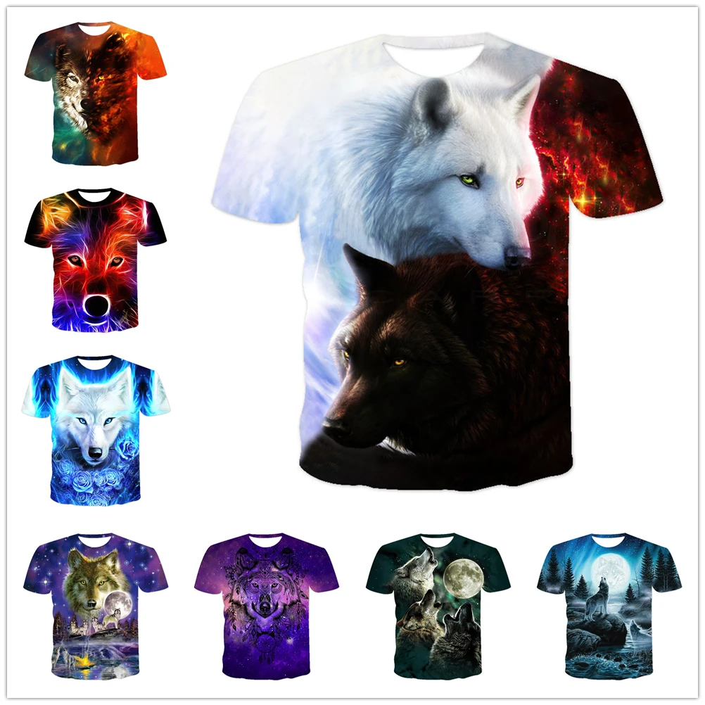 

2023 New Summer Funny Mens Animal Starry Wolf 3D Digital Print T-shirt Casual Coyote Pattern Short Sleeve Sports Quick Dry Tops