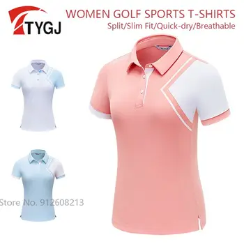 A Camiseta de Golfe Perfeita para Mulheres: Conforto e Estilo no Campo 11 TTYGJ Female Summer Golf Tops Short-sleeved Golf Polo T-shirt Women Patchwork Breathable Sports Shirt Turn-down Collar Wear S-XL