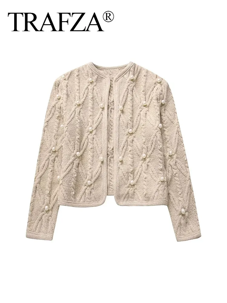 

TRAFZA Winter Artificial Pearl Decoration Eight-ply Knitted Long Sleeve Jacket Women's Slim Sweater Fashionable Women's Cardigan