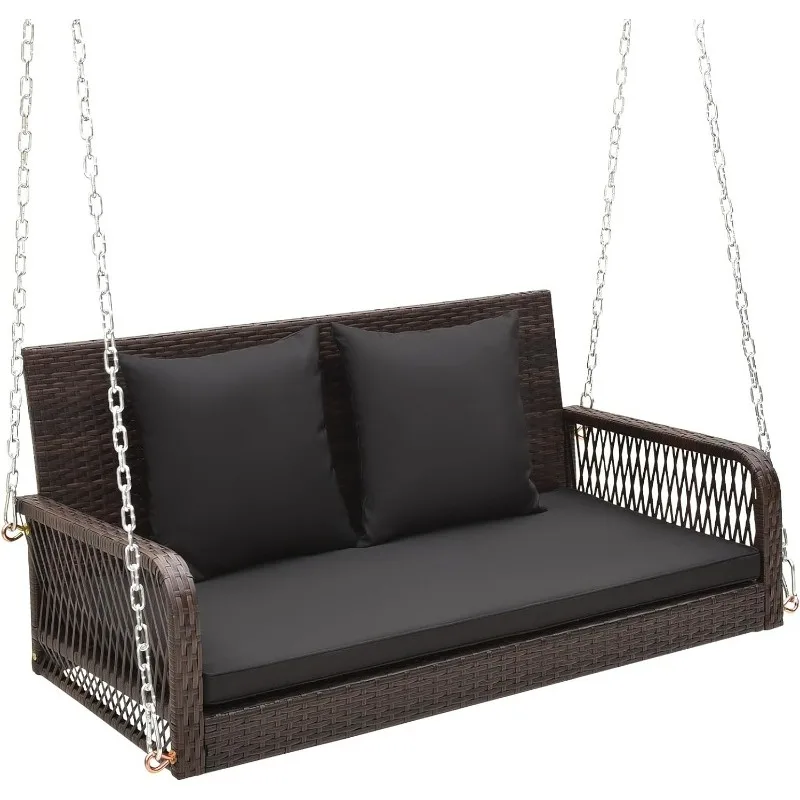 

Wicker Outdoor Porch Swing, 800 LBS Capacity Bench with Hanging Chains, Back and Seat Cushions, 2-Seater Hanging Patio