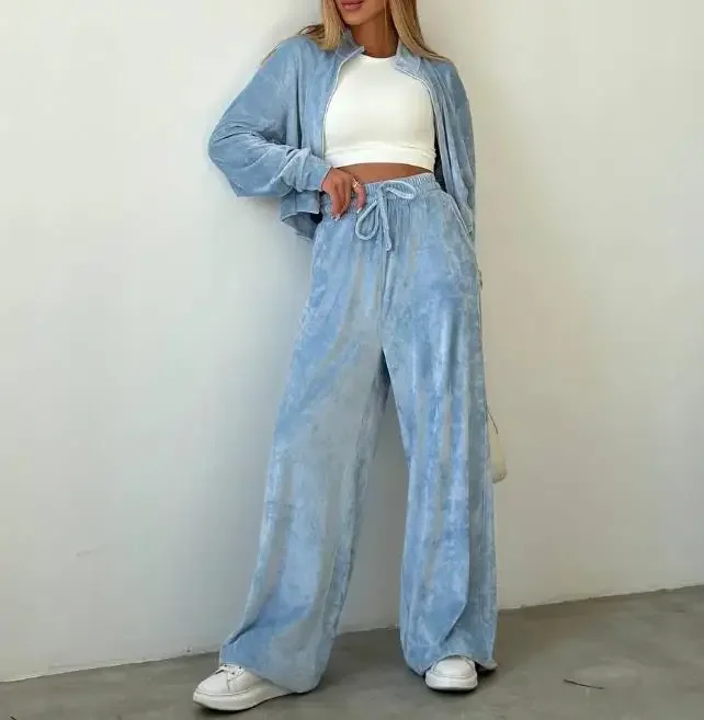 

Women's Pant Suit 2023 Autumn Fashion Plain Velvet Long Sleeve Zipper Sweatshirt and Casual High Waist Straight Pants Suit