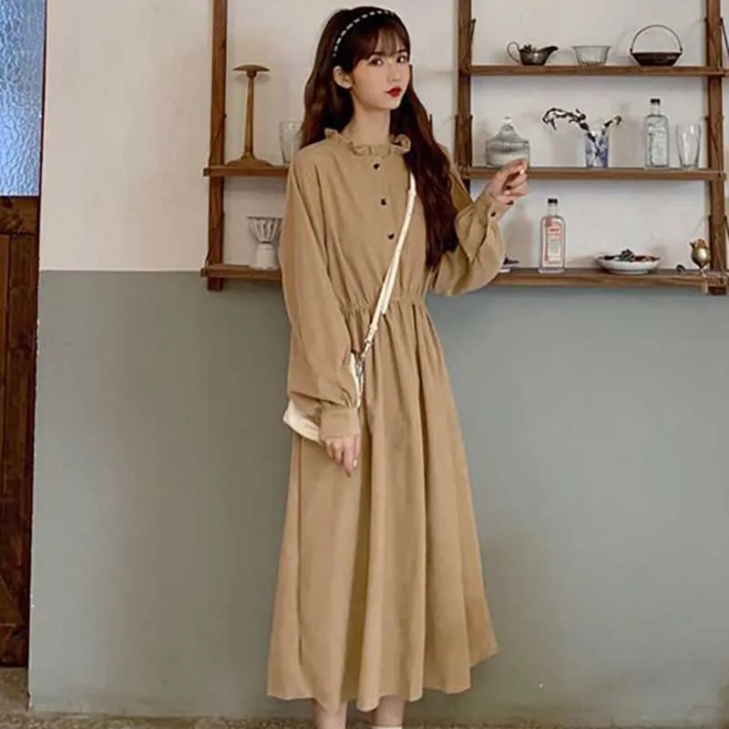 

Sweet O-Neck Button Spliced Shirring Ruffles Casual Dresses Female Clothing 2024 Spring New Loose Solid Color Korean Midi Dress