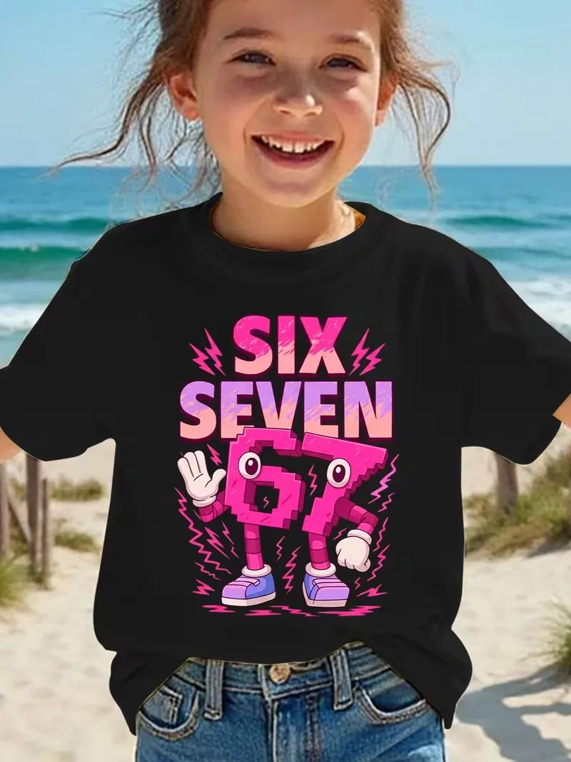 تي شيرت صيفي عصري للفتيات بأكمام قصيرة للأطفال، مطبوع عليه رقم ستة وسبعة باللون الوردي، بنمط رسوم كرتونية تلفزيونية، قميص علوي كاجوال متعدد الاستخدامات تي شيرت صيفي عصري للفتيات بأكمام قصيرة للأطفال، مطبوع عليه رقم ستة وسبعة باللون الوردي، بنمط رسوم كرتونية تلفزيونية، قميص علوي كاجوال متعدد الاستخدامات