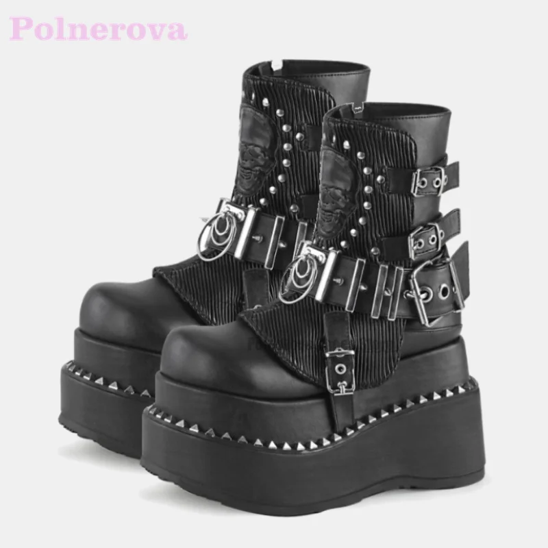 

Skull Studded Thick Soled Side Zipper Boots Goth Punk Style Big Toe Booties Muffin Soled Elevating Mid-Calf Boots for Women