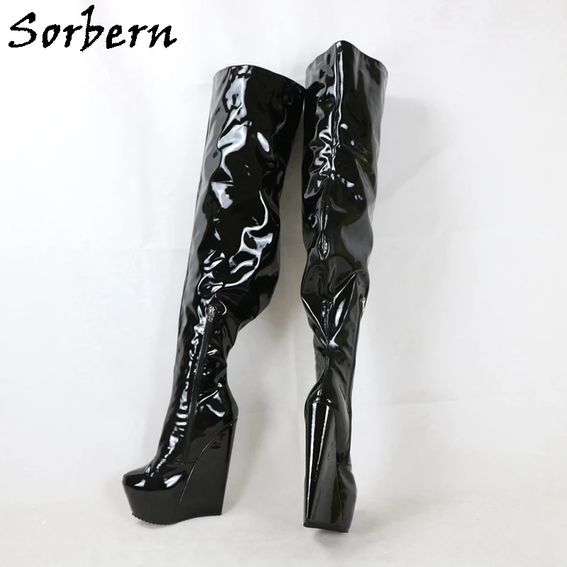 

Sorbern Black Shiny Crotch Thigh High Boots Women Narrow Wedge Heel Zipper Up Custom Leg Width Fetish Unisex Shoe For Drag Queen